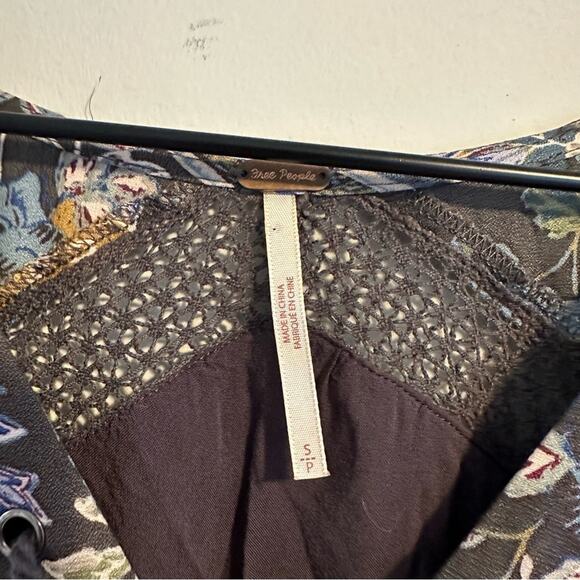 Free People Green Floral Lace Front Long Sleeve Mini Dress Small - Picture 13 of 14